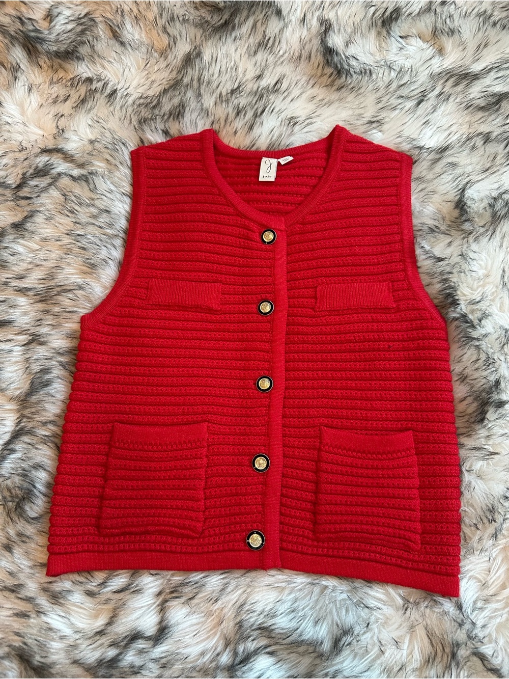 Red Ribbed Knit Button-Front Vest